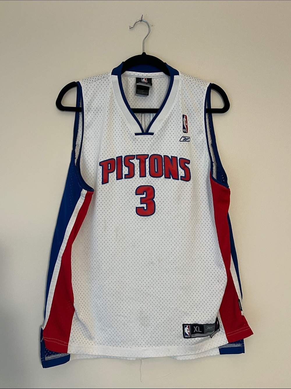 Reebok Detroit Pistons White, Red & Blue #3 Jersey